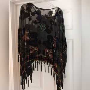 Women's Chiffon, velvet beaded poncho/ cape/ scarf with tassels OS